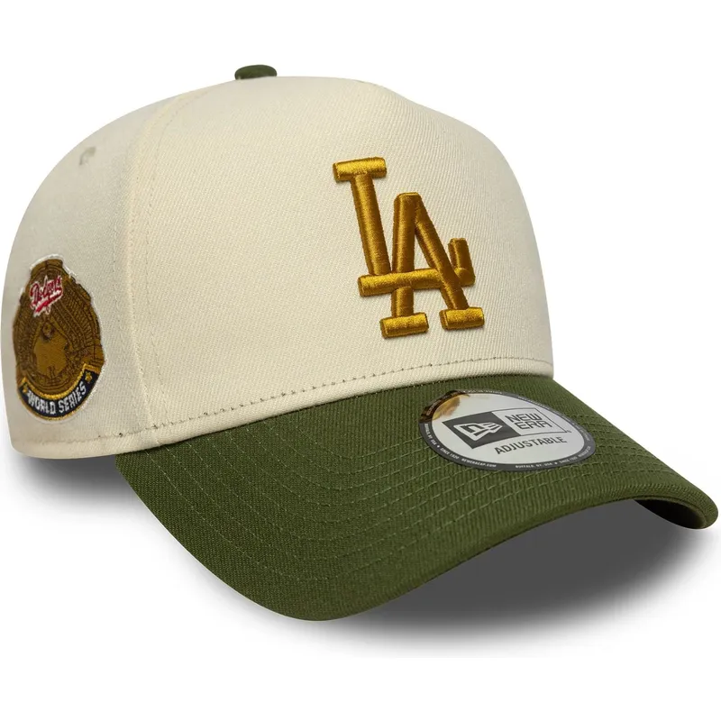 cappellino-curvo-beige-e-verde-snapback-9forty-e-frame-world-series-patch-di-los-angeles-dodgers-mlb-di-new-era