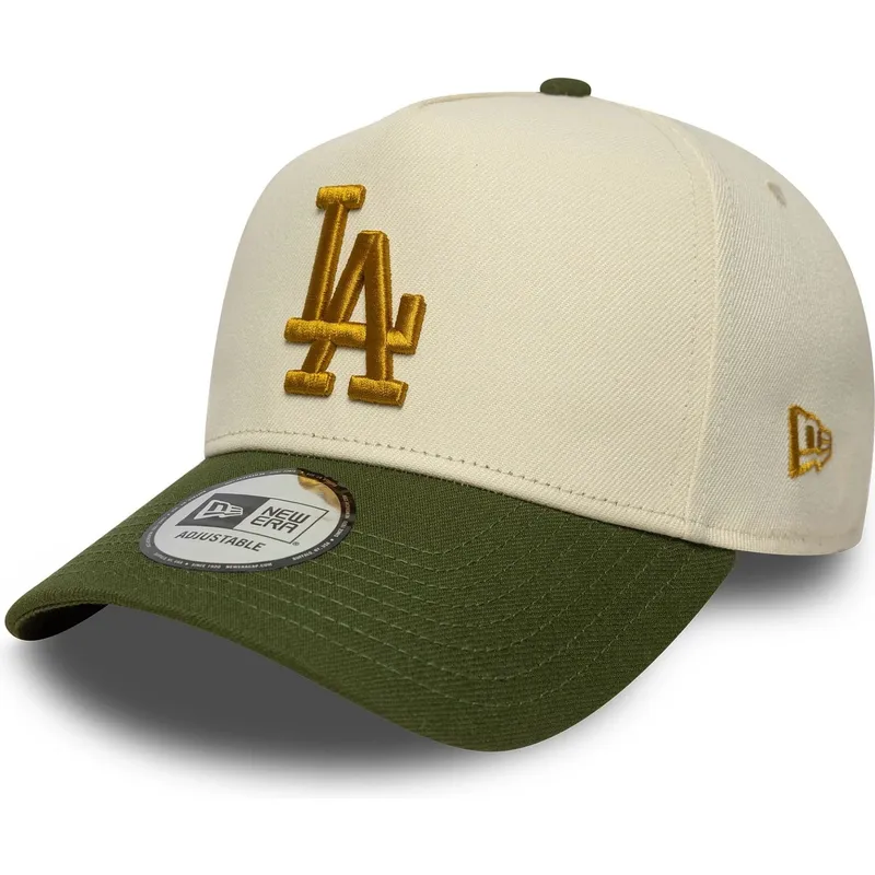 cappellino-curvo-beige-e-verde-snapback-9forty-e-frame-world-series-patch-di-los-angeles-dodgers-mlb-di-new-era