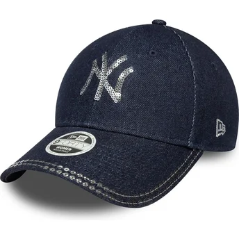 Cappello regolabile da donna 9FORTY Sequin Denim blu navy dei New York Yankees MLB di New Era