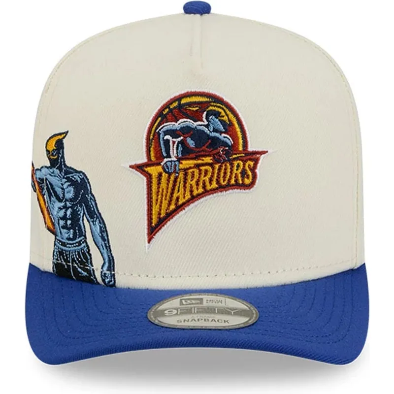 cappellino-visiera-curva-beige-e-blu-snapback-9fifty-a-frame-precurved-hardwood-classics-di-golden-state-warriors-nba-di-new-era