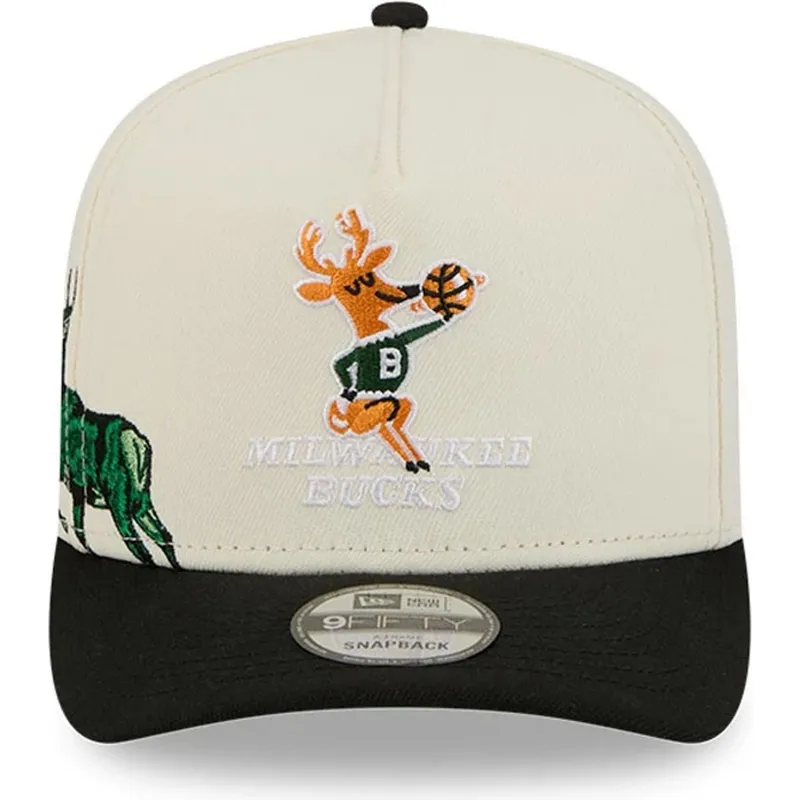 cappellino-curvo-beige-e-nero-snapback-9fifty-a-frame-precurved-hardwood-classics-di-milwaukee-bucks-nba-di-new-era