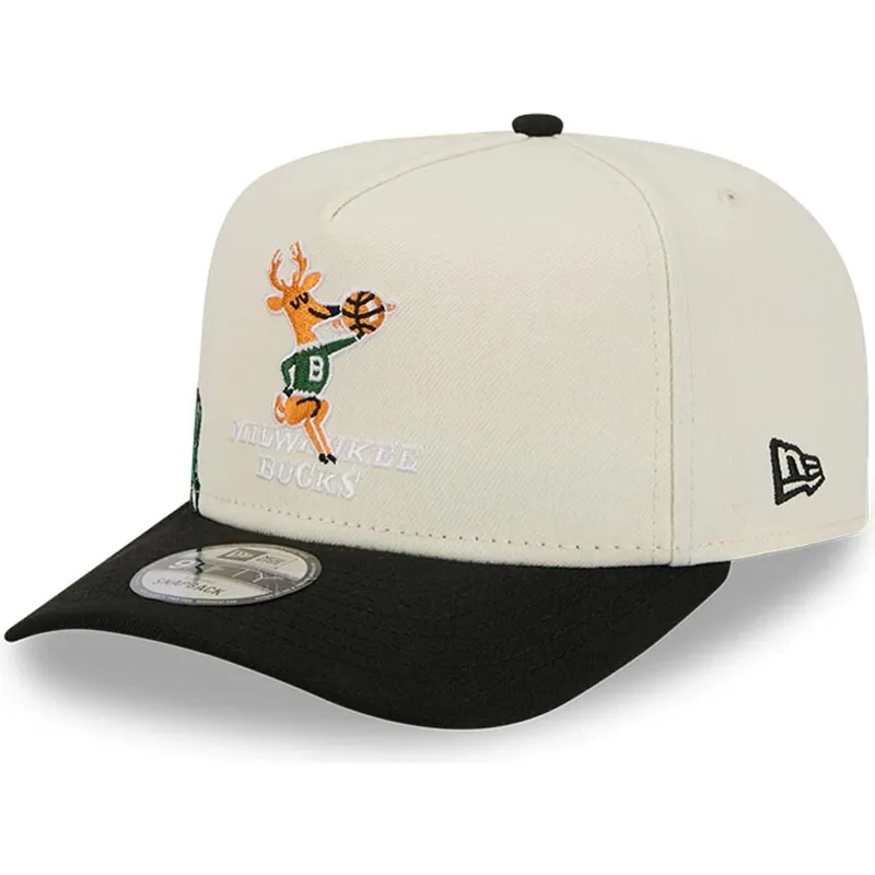 cappellino-curvo-beige-e-nero-snapback-9fifty-a-frame-precurved-hardwood-classics-di-milwaukee-bucks-nba-di-new-era