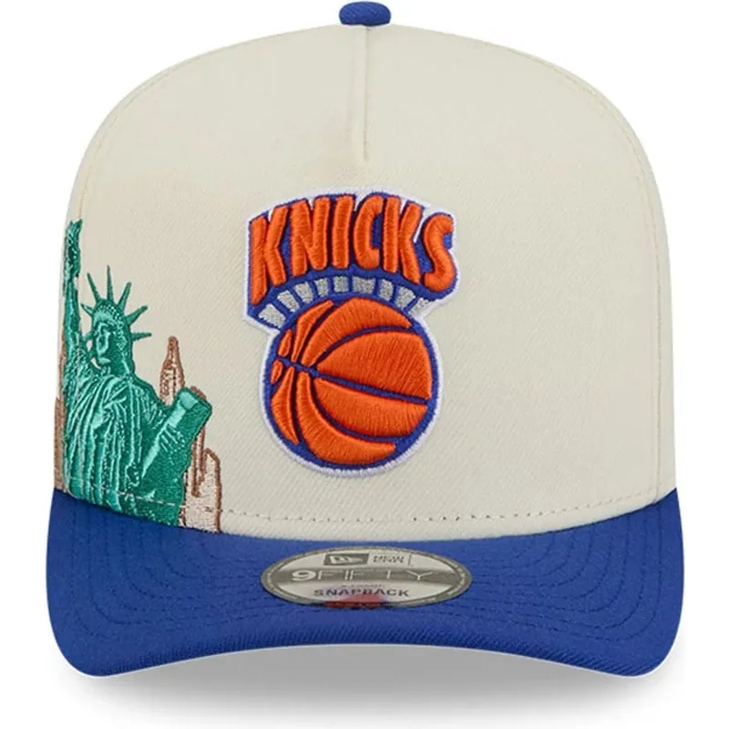 cappellino-visiera-curva-beige-e-blu-snapback-9fifty-a-frame-precurved-hardwood-classics-di-new-york-knicks-nba-di-new-era