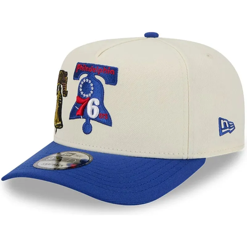 cappellino-visiera-curva-beige-e-blu-snapback-9fifty-a-frame-precurved-hardwood-classics-di-philadelphia-76ers-nba-di-new-era