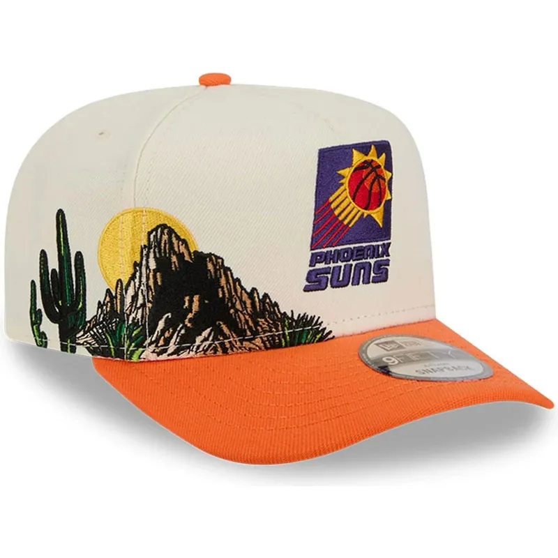 cappellino-visiera-curva-beige-e-arancione-snapback-9fifty-a-frame-precurved-hardwood-classics-di-phoenix-suns-nba-di-new-era
