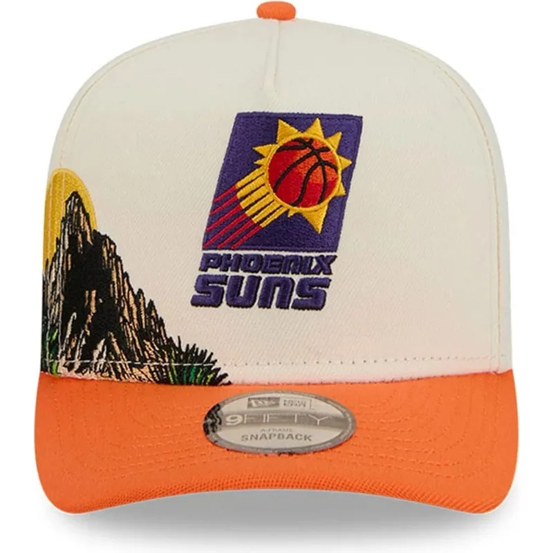 cappellino-visiera-curva-beige-e-arancione-snapback-9fifty-a-frame-precurved-hardwood-classics-di-phoenix-suns-nba-di-new-era