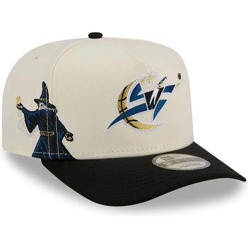 cappellino-visiera-curva-beige-e-nero-snapback-9fifty-a-frame-precurved-hardwood-classics-di-washington-wizards-nba-di-new-era