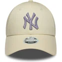 new-era-curved-brim-women-purple-logo-9forty-metallic-logo-new-york-yankees-mlb-beige-adjustable-cap