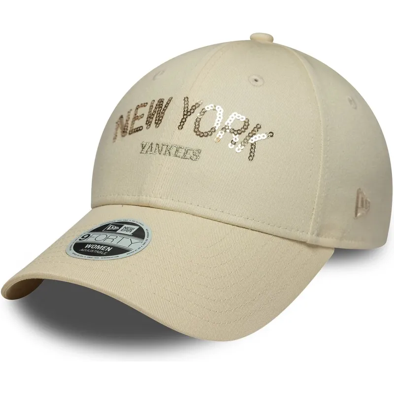 cappellino-curvo-beige-regolabile-da-donna-9forty-sequin-wordmark-dei-new-york-yankees-mlb-di-new-era