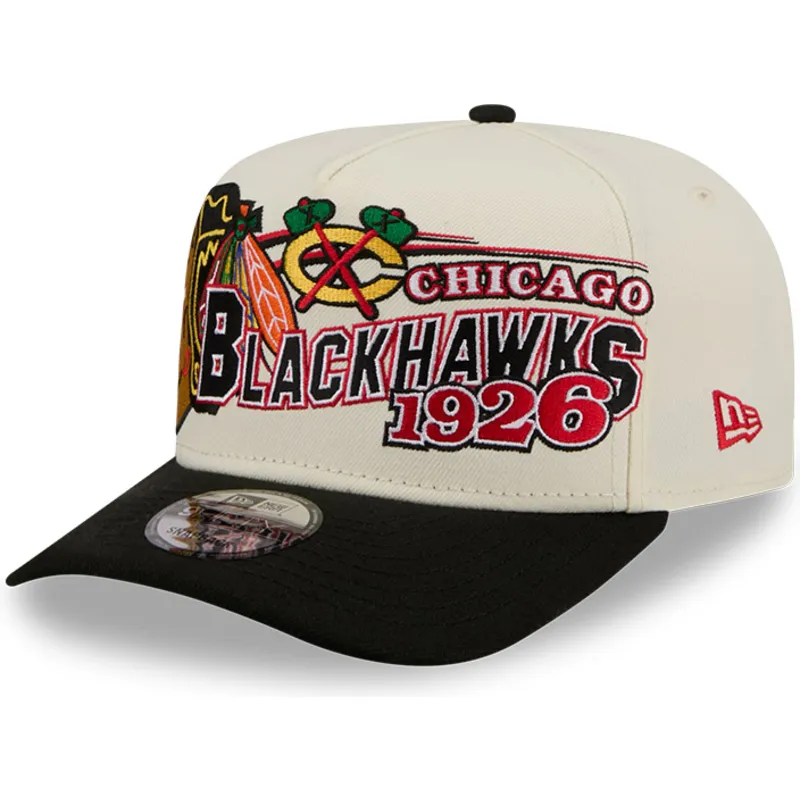cappellino-visiera-curva-beige-e-nero-snapback-9fifty-a-frame-classic-di-chicago-blackhawks-nhl-di-new-era