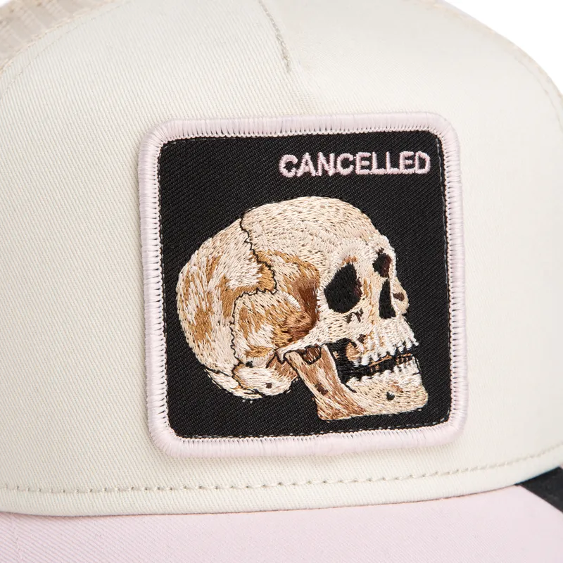 cappellino-trucker-beige-e-rosa-teschio-the-cancelled-skull-whisper-the-farm-di-goorin-bros