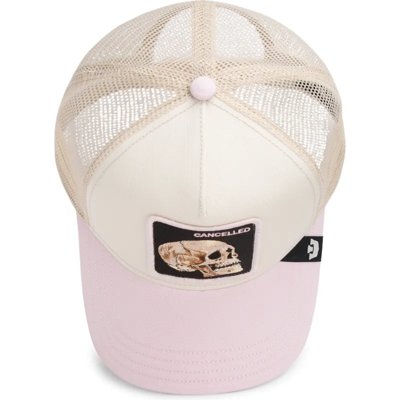 cappellino-trucker-beige-e-rosa-teschio-the-cancelled-skull-whisper-the-farm-di-goorin-bros