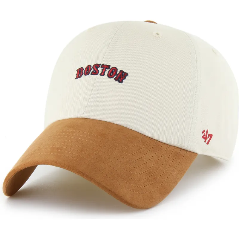 cappellino-curvo-beige-e-marrone-regolabile-clean-up-mini-script-suede-visor-di-boston-red-sox-mlb-di-47-brand