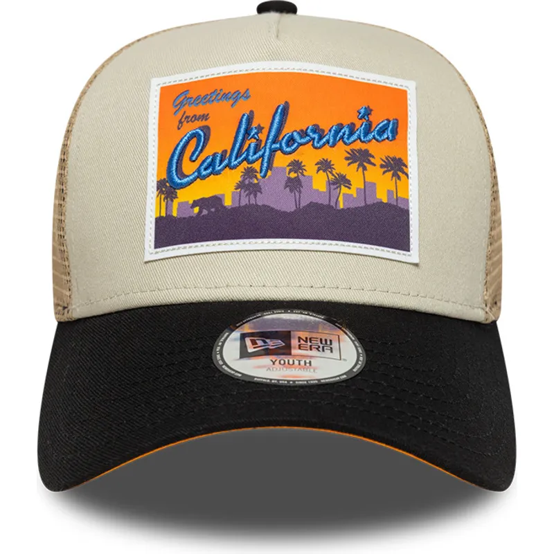cappellino-trucker-beige-per-bambino-a-frame-location-patch-california-di-new-era