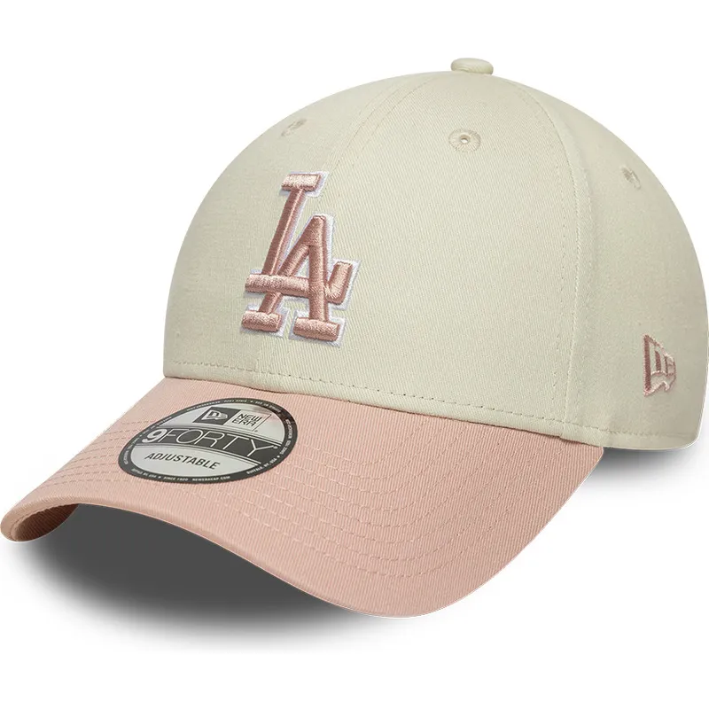 cappellino-curvo-beige-e-rosa-regolabile-con-logo-rosa-9forty-world-series-patch-dei-los-angeles-dodgers-mlb-di-new-era