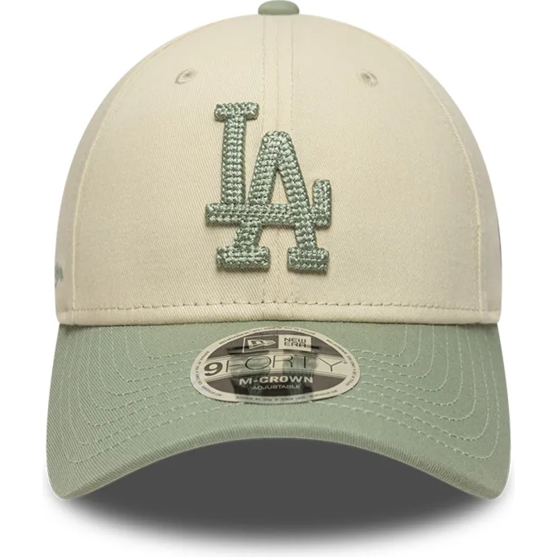cappellino-visiera-curva-beige-e-verde-snapback-con-logo-verde-9forty-m-crown-side-script-dei-los-angeles-dodgers-mlb-di-new-era