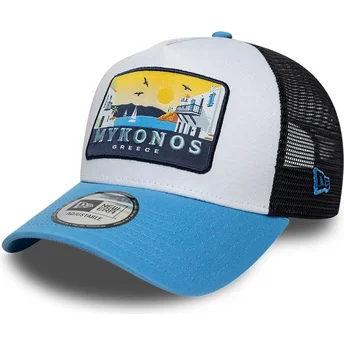 Cappellino trucker blu A Frame Location Patch di Mykonos di New Era