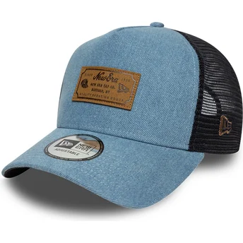 Cappellino trucker blu A Frame Denim Leather Patch di New Era