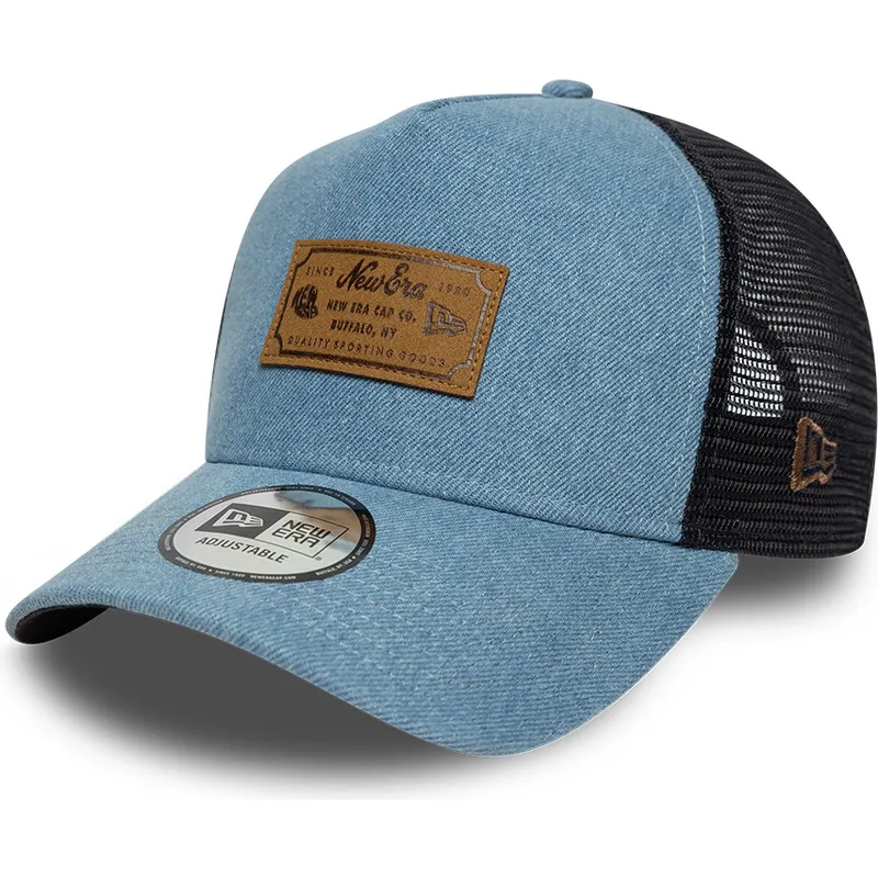 cappellino-trucker-blu-a-frame-denim-leather-patch-di-new-era