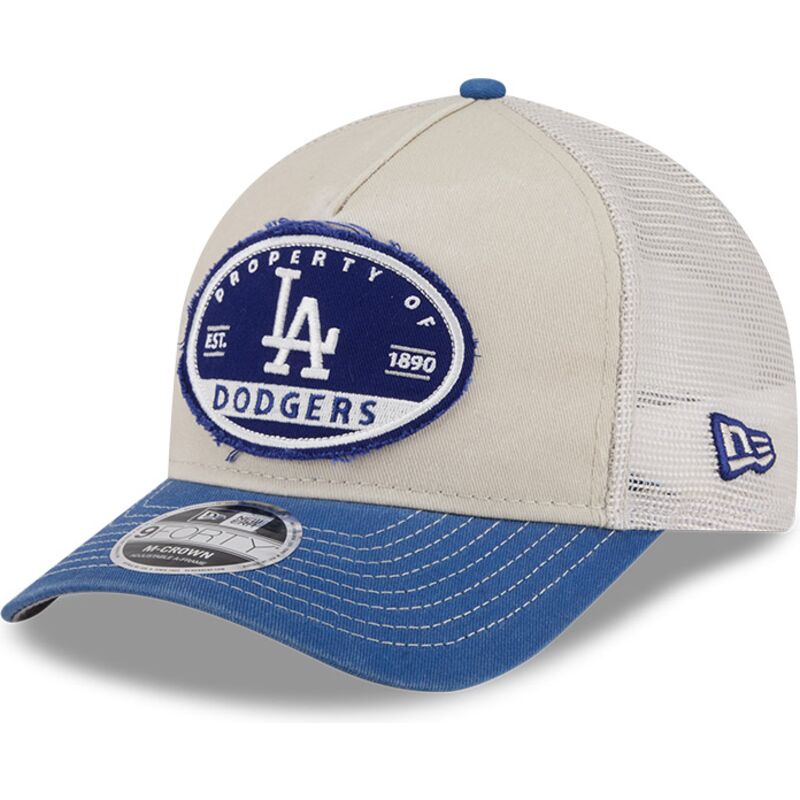 cappellino-trucker-beige-e-blu-9forty-m-crown-a-frame-fray-dei-los-angeles-dodgers-mlb-di-new-era