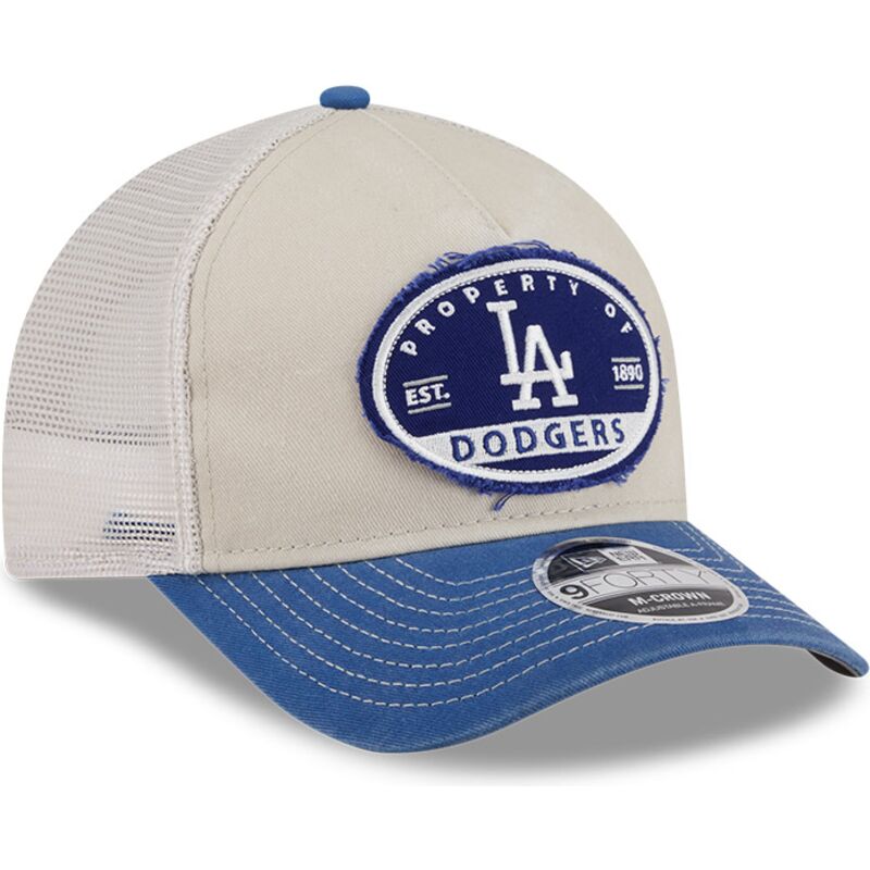 cappellino-trucker-beige-e-blu-9forty-m-crown-a-frame-fray-dei-los-angeles-dodgers-mlb-di-new-era