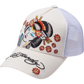 Cappello curvo beige snapback Tokyo Geisha di Ed Hardy