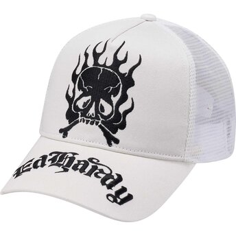 Cappello curvo bianco snapback Gothic Skull In Flames di Ed Hardy