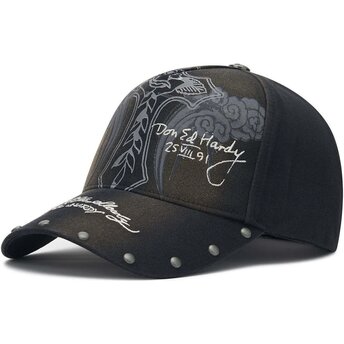 Cappello curvo nero cinghia regolabile Storming Rose Washed di Ed Hardy