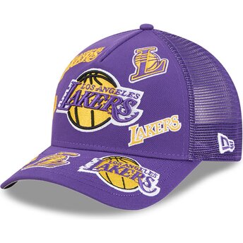 Cappello curvo viola snapback 9FORTY M-Crown A Frame All Over dei Los Angeles Lakers NBA di New Era