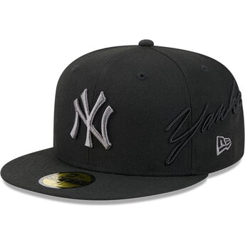 Cappello piatto nero aderente 59FIFTY Side Script dei New York Yankees MLB di New Era