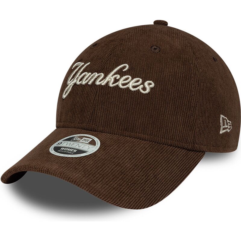 cappello-curvo-marrone-cinghia-regolabile-9twenty-cord-script-dei-new-york-yankees-mlb-di-new-era