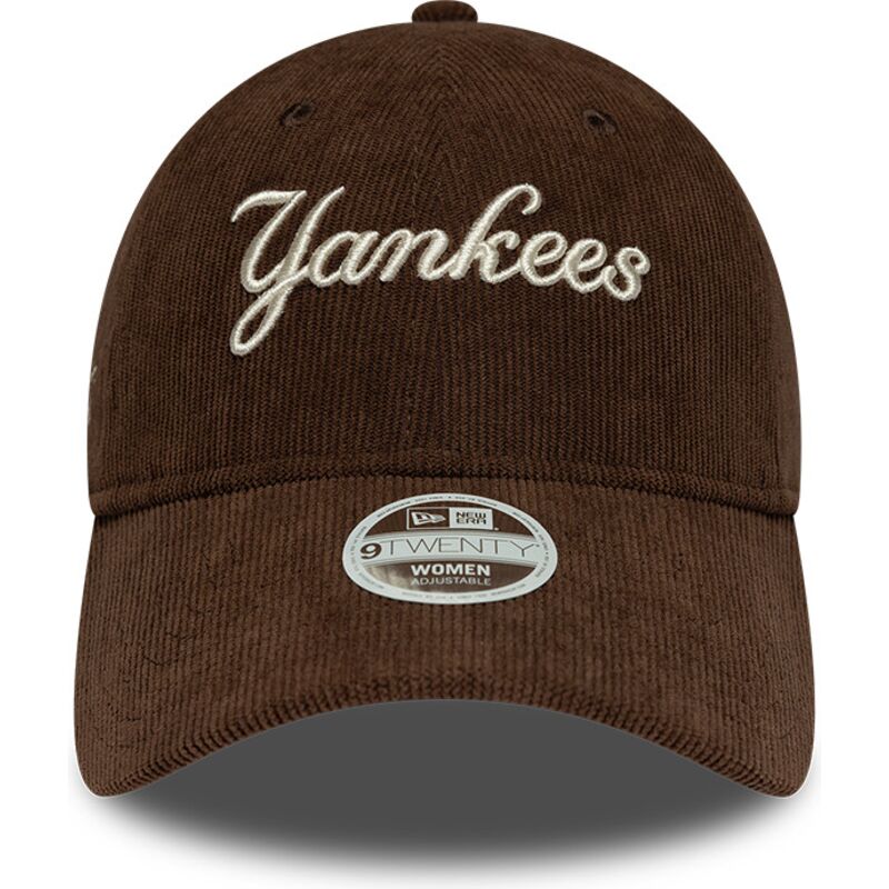cappello-curvo-marrone-cinghia-regolabile-9twenty-cord-script-dei-new-york-yankees-mlb-di-new-era