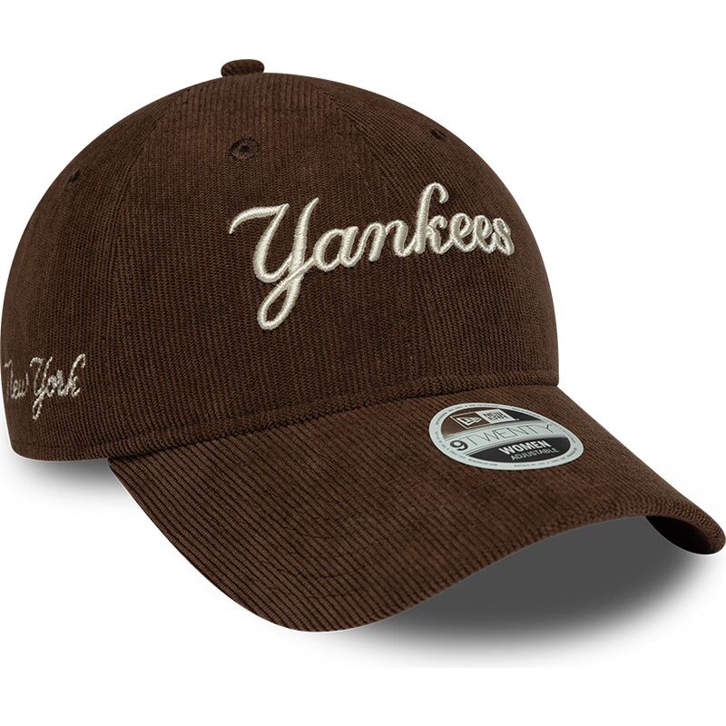 cappello-curvo-marrone-cinghia-regolabile-9twenty-cord-script-dei-new-york-yankees-mlb-di-new-era