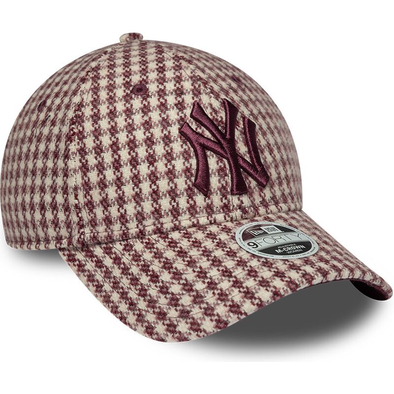 cappello-curvo-rosso-cinghia-regolabile-9forty-m-crown-houndstooth-dei-new-york-yankees-mlb-di-new-era